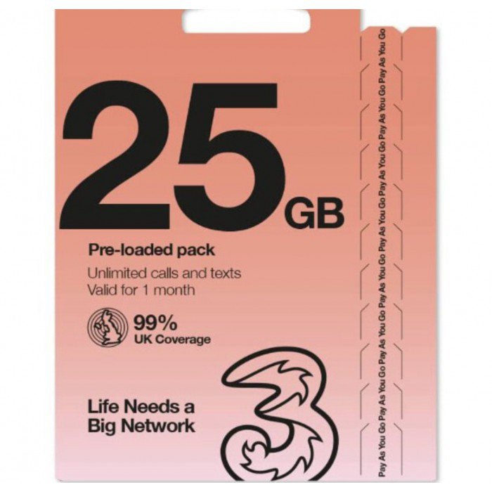 3UK Three 英國+歐洲30日25GB data (Pay As You Go SIM)無限英國通話，免費歐洲漫遊數據（提供英國電話號碼